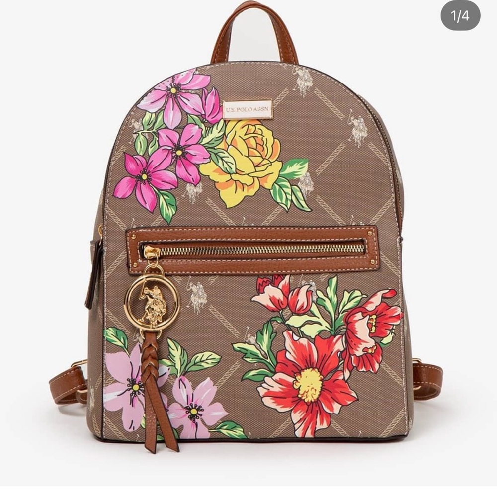 NWT RARE U.S. Polo Assn. Tan Backpack with Floral Accents